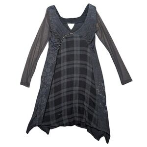 angelsneverdie Small Grey patchwork Whimsigoth Goth Long Sleeve Dress Tartan